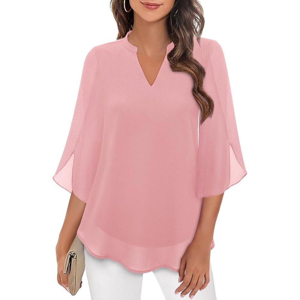 Women's Chiffon Blouse Dressy Casual Ruffle Sleeves V Neck Light Flowy Top